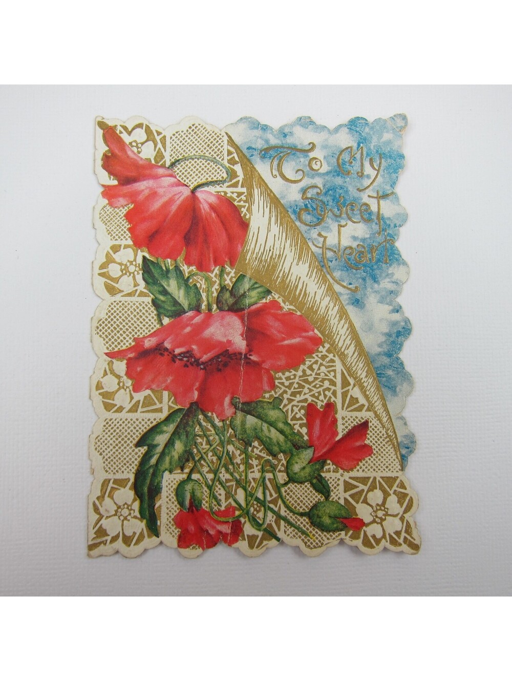 Valentine Card Red Poppy Flowers Gold Embossed Die cut Bifold Antique 1913